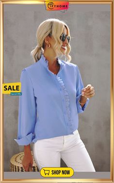 Sky Blue Solid Color Lace Frilled Trims Long Sleeve Shirt Fitted Blue Solid Color Shirt, Light Blue Solid Color Shirt For Spring, Blue Solid Color Shirt For Office, Blue Solid Color Blouse For Fall, Light Blue Long Sleeve Blouse Solid Color, Light Blue Long Sleeve Solid Color Blouse, Light Blue Long Sleeve Solid Blouse, Blue Blouse For Spring Office Wear, Light Blue Spring Office Shirt