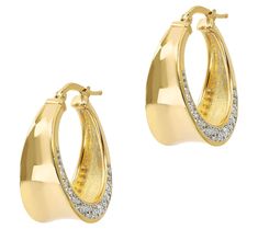 Step into the spotlight with these Diamonique x Bronzo Italia hoop, showcasing a dazzling array of pave-set, round-cut Diamonique simulated diamonds on each side. Crafted from 18K yellow gold-plated bronze, these graduated, concave hoop earrings offer a polished finish and secure snap bar closures, making them a perfect choice for any occasion. Round Cut, 18k Gold, Gold Plate, Jewelry Earrings, Hoop Earrings, Diamonds, Plating, Yellow Gold, Bar