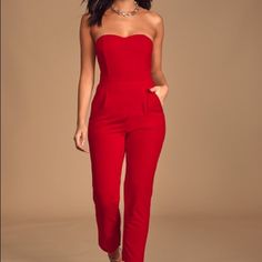 Lulus Medium Brand New Jumper Fitted Strapless Jumpsuits And Rompers With Pockets, Chic Red Strapless Jumpsuit For Evening, Red Strapless Jumpsuit For Spring Night Out, Red Strapless Jumpsuit For Night Out In Spring, Fitted Party Jumpsuits And Rompers With Pockets, Chic Red Strapless Jumpsuit For Spring, Casual Evening Strapless Jumpsuit, Casual Fitted Strapless Jumpsuit For Evening, Fitted Jumpsuits And Rompers With Pockets For Date Night