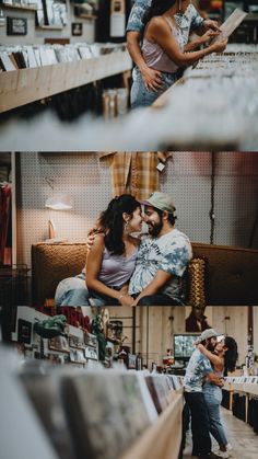 a man and woman are kissing in a store with shelves full of books behind them