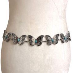 Statement Belt Whimsical Boho Butterfly Chain Belt Ancient Silver Toned Turquoise Beads Total Length Aprox 43" Blue Jewelry With Silver Beads For Summer, Turquoise Summer Party Jewelry, Bohemian Silver Beads Jewelry For Summer, Bohemian Jewelry With Silver Beads For Summer, Bohemian Silver Beaded Jewelry For Summer, Party Turquoise Jewelry With Silver Beads, Summer Silver Beaded Jewelry, Summer Party Jewelry With Silver Beads, Bohemian Light Blue Jewelry For Festivals