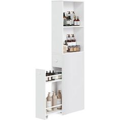 an open medicine cabinet with bottles on the bottom and shelves above it, in front of a white background