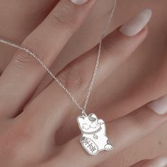 "Feng Shui Cat Necklace, Maneki Neko Pendant is made by hand in our workshop with care. All our jewelry is the most elegant choice for the Bridesmaids, friends, your loved ones and for yourself. Feng Shui Cat Necklace, Maneki Neko Pendant * Material: High Quality Solid 925 Sterling Silver. * Finish: Sterling Silver ∙ Gold ∙ Rose Gold. * All our jewelry is custom made by hand with care in our workshop.  HOW TO ORDER ❓ * Select your necklace COLOR. * Choose necklace length from 14\" to 22\". The l Round Necklace With Cat Design For Gift, Handmade Silver Kawaii Necklaces, Kawaii Silver Handmade Necklaces, Silver Kawaii Necklace As Gift, Silver Kawaii Necklace For Gift, Handmade Silver Necklaces In Kawaii Style, Kawaii Handmade Silver Necklaces, Cute Cat Print Jewelry Gift, Round Kawaii Jewelry Gift