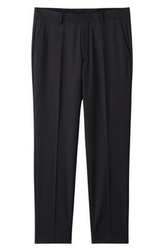 A slim fit defines these wool-kissed dress pants that offer just enough stretch for day-one comfort. 31" inseam; 13 1/2" leg opening; 10 1/2" front rise; 16" back rise (size 32 US/ 48 EU) Partially lined 54% recycled polyester, 44% wool, 2% elastane Dry clean Made in Turkey This product meets Nordstrom Sustainably Sourced Materials criteria: contains at least 30% sustainably sourced materials Slim Fit Ankle-length Dress Pants For Fall, Slim Fit Dress Pants For Business In Fall, Fall Business Slim Fit Dress Pants, Stretch Ankle-length Dress Pants For Semi-formal Occasions, Formal Slim Fit Dress Pants For Fall, Workwear Dress Pants With 4-way Stretch In Straight Cut, Workwear Dress Pants With 4-way Stretch And Straight Fit, Tailored Dress Pants For Business In Fall, Straight Dress Pants With 4-way Stretch For Workwear