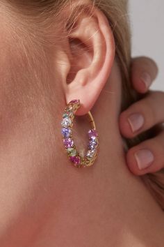 Stand out in style and add a sweet pop of color to your look with these multi-colored pastel hoop earrings. These pretty and playful earrings are the perfect accessory to liven up any outfit. Gem Hoop Earrings, Playful Earrings, Kite Earrings, Wardrobe Interior, Colourful Earrings, Product Stand, Bride Earrings, Crystal Hoop Earrings, Leverback Earrings