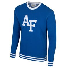 Sport retro fashion in cooler weather with this Air Force Falcons Renew Knit Vintage Pullover Sweater by Uscape Apparel. It features traditional rib-knit striping that accentuates the team name knitted across the front. Made from 100% recycled yarn, this Air Force Falcons sweater is a sustainable and classic way to support your favorite team. Spring College Sweater With Ribbed Cuffs, Winter Crew Knit Top, Winter Crew Neck Knit Top, Winter Knit Crew Top, Sporty Knit Tops With Ribbed Cuffs, Winter Knit Crew Neck Top, Knit Crew Neck Top For Winter, College Sweater With Ribbed Cuffs, College Long Sleeve Sweater With Ribbed Cuffs