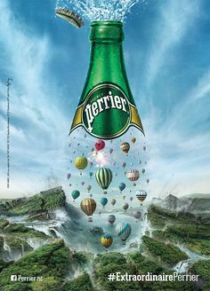 an advertisement for a beer with hot air balloons floating in the sky and on top of it