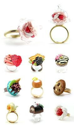 an assortment of rings with different designs and colors are shown on a white background in this image