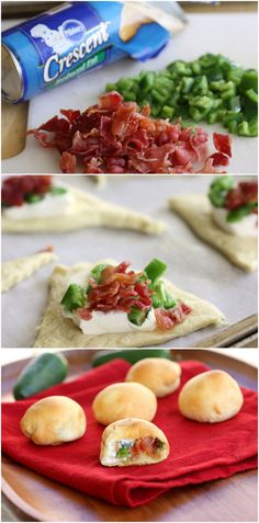 the process for making pizzas with bacon and cheese on them is shown in three different pictures