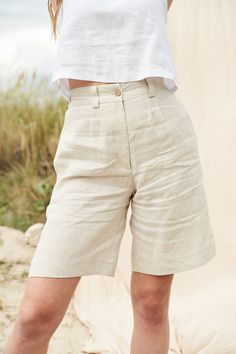 "Comfort that is hard to beat mixed with polished and classy design. What's there not to love? FABRIC: 100% softened Lithuanian linen COLOR: Please choose the desired color from the side menu. STYLE: Softened linen shorts with zipper at the front and rubber waist on the back for full comfort. Also features folds on the front and side pockets. If you need another style, length, or color, please contact us. SIZE CHART (body measurements) : S Bust 31.5- 35\" (80- 88 cm) Waist 23- 26.5\" (59- 68 cm) Workwear Shorts With Hip Pockets For Spring, Workwear Shorts With Pockets, Fitted Shorts With Pockets, Fitted Shorts With Pockets And Short Leg, Spring Workwear Shorts With Hip Pockets, Summer Bermuda Pants With Pockets, Summer Bermuda Shorts With Built-in Shorts, High-waisted Bermuda Shorts With Pockets, Bermuda Bottoms With Pockets For Summer