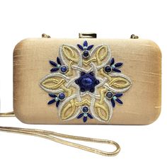 Clutch Bag with Gold and Silver Medallion and Lapis Lazuli Luxury Gold Evening Bag With Handwork, Designer Hand Embellished Gold Clutch, Hand Embellished Gold Clutch For Evening, Gold Evening Bags With Handwork, Gold Hand-embellished Clutch For Evening, Designer Gold Hand Embellished Clutch, Gold Hand Embellished Clutch For Evening, Elegant Clutch With Gold Embroidery For Gift, Elegant Rectangular Evening Bag With Gold Embroidery