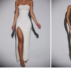 two photos of a woman in a white dress with one leg slited up and the other side split open