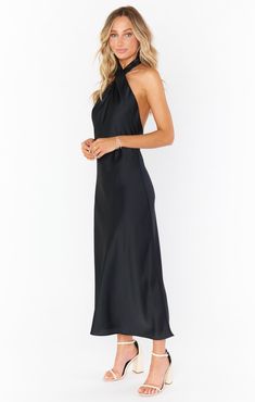 Check out Jasmine Halter Midi Dress. Get $10 off + free shipping with Club Mumu. Satin Black Dress Midi, High Neck Halter Dress Accessories, Black Midi Dress Evening, Black Midi Dress Formal Lulus, Casual Black Bridesmaid Dress, Classic Black Dress For Wedding, Black Midi Dress Formal Satin, Halter Dress With Jacket Outfit, Halter Midi Dress Formal