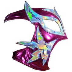 a masquerade mask is shown in purple and silver with an arrow on the side