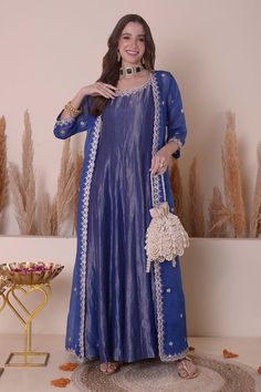 Blue long jacket with scallop trimmings and floral embroidery using gota patti work. Paired with an inner anarkali with embroidered neckline. - Aza Fashions Eid Front Open Dress With Dupatta, Front Open Georgette Anarkali Set With Zari Work, Long Anarkali Set With Dori Work For Eid, Anarkali Dress With Dupatta And Front Open Style, Festive Long Sleeve Abaya With Zari Work, Festive Resham Embroidery Abaya, Traditional Georgette Abaya With Dabka Work, Designer Front Open Dupatta With Resham Embroidery, Front Open Embroidered Anarkali Set For Wedding