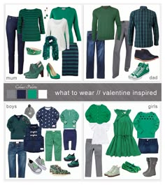 a collage of green and blue clothes with text that reads what to wear / valentine inspired