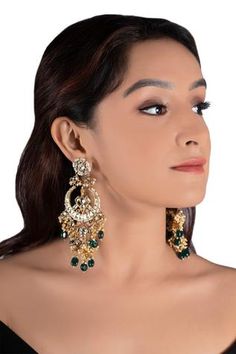 Shop for Riana Jewellery Floral Stone Chandbali Earrings Online at Aza Fashions Bollywood Style Chandbali Earrings For Designer Wear, Bollywood Style Chandbalis With Gota Work For Designer Wear, Kundan Chandbalis For Diwali Reception, Eid Reception Chandbalis With Cutdana, Designer Kundan Chandbalis With Tilla Detail, Kundan Chandbalis With Tilla For Designer Wear, Designer Chandbalis With Tilla For Diwali, Festive Gota Work Earrings For Designer Wear, Designer Tilla Chandbalis For Diwali