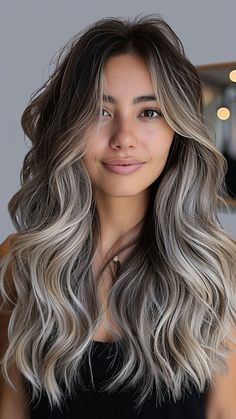 25 Silver Hair Color Concepts for a Cool, Confident Look Ash Icy Blonde Balayage, Dark To Blonde Balayage Long, Light Brown And Gray Hair, Long Hair Color Inspiration, Highlights Brown Hair Silver, Silver Blonde Hair Balayage Dark Brown, Ashy Bolyoge, Full Dimensional Color, Ash Gray Balayage With Highlights