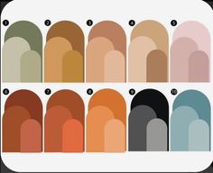 the different shades of nail polish are shown in this image, and there is also a color chart for each shade