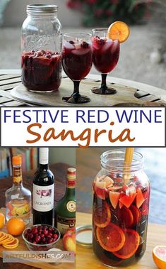 several different types of sangria with oranges and cranberries