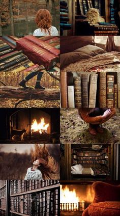 a collage of photos with books, fire and woman in the middle sitting on a bench