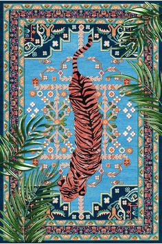 a rug with a tiger on it and palm leaves in the foreground, against a blue background