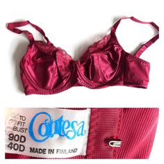 Vintage red wine bra by Contesa made in Finland. Full cups. Underwire. Lace detail. Excellent condition.  SIZE:  40D / 90D Bra Items, Full Cup Bra, Bra Lingerie, Lace Detail, Finland, Red Wine, Lingerie, Wine, Bra