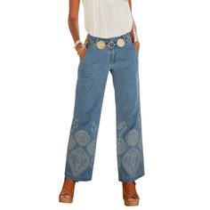 The LASCANA Women's Embroidered Wide Leg Jeans are all about the details, offering a stylish and unique addition to your denim collection. These jeans feature a flattering mid-rise waist and a wide leg cut, providing both comfort and a trendy silhouette. The intricate white embroidery on the front and back of the lower legs adds a chic and distinctive touch, making these jeans stand out. With a button zipper front closure and functional front and back pockets, they combine practicality with styl Bohemian Medium Wash Denim Pants, Embroidered Wide-leg Denim Bottoms, Embroidered Wide Leg Denim Bottoms, Embroidered Denim Wide-leg Bottoms, Blue Embroidered Wide Leg Jeans, Embroidered Denim Blue Pants, Embroidered Wide Leg Denim Blue Jeans, Embroidered Wide Leg Bottoms In Medium Wash, Embroidered Wide Leg Medium Wash Jeans