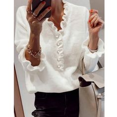 Frilled Sleeve White Elegant Super Cute Plus Size Pullover, Pull Oversize, Pullover Mode, Casual Chique, Solid Sweaters, Button Sweater, Long Sleeve Pullover Sweater, Sweaters Oversized, Trendy Tops