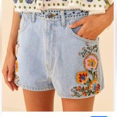 Size 27 Bohemian Multicolor Bottoms With Floral Embroidery, Bohemian Multicolor Floral Embroidered Bottoms, Bohemian Multicolor Floral Embroidery Bottoms, Summer Denim Bottoms With Multicolor Embroidery, Casual Multicolor Floral Embroidered Bottoms, Casual Multicolor Floral Embroidery Bottoms, Spring Embroidered Multicolor Bottoms, High-waisted Shorts With Floral Embroidery For Spring, High Waist Floral Embroidered Shorts For Spring