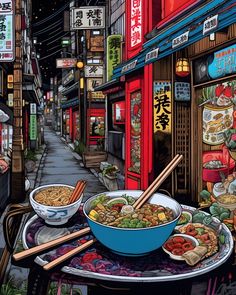 Ginza Street Noodle Shop Poster Japanese Food Tokyo Japan Giclée Art Print 8x10 | eBay Endless Takeout Wallpaper, Shopping Drawing Illustration, Kawaii Art Prints, Japanese Food Illustration Art, Food Street Design, Tokyo Moodboard, Japan Illustration Art, Lofi Images, Tokyo Picture