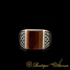 Square Tiger's Eye Classic Silver Men Ring Brown Sterling Silver Signet Ring With Polished Finish, Silver Men Ring, Men Ring, Tiger Eye Stone, Exclusive Jewelry, Boutique Brands, Tiger's Eye, Basketball Players, Silver Man