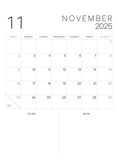 the november calendar is shown in black and white