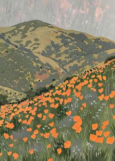 a painting of an orange flower field with mountains in the background and rain falling on them