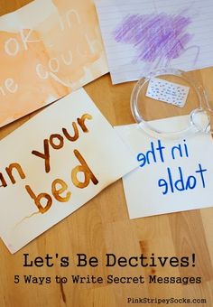 four different types of writing on paper with the words can your bed, let's be dectives? 5 ways to write secret messages