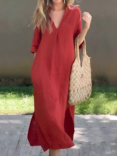 Cotton Linen Dresses, Solid Color Dress, Sleeve Midi Dress, Midi Dress With Sleeves, Pocket Dress, Linen Dresses, Basic Style, Half Sleeve, Shoulder Sleeve