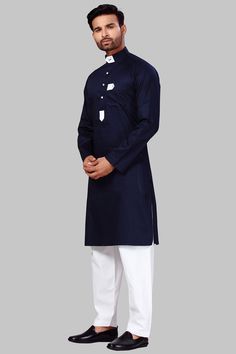 Buy Men's Polyester Solid Kurta Set in Navy Blue Online - Front Casual Blue Kurta For Festive Occasions, Blue Casual Kurta For Festive Occasions, Casual Blue Festive Kurta, Blue Casual Festive Kurta, Blue Festive Casual Kurta, Blue Cotton Winter Sets, Winter Cotton Blue Sets, Casual Blue Kurta For Eid, Blue Casual Kurta For Eid