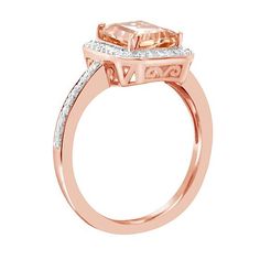 14K Rose Gold-Plated Emerald-Cut Morganite and Diamond Ring Decadent diamonds create glittering pathways to the stunning, 2-carat emerald-cut morganite that is the sparkling centerpiece of this spectacular ring.       Approx. 1/2"L x 3/8"W x 1"H; shank 1/16"W     14K rose gold-plated sterling silver     Emerald-cut morganite center stone framed in round-cut white diamonds   Stone Information       All sizes and weights approximate     Total Carat Weight: 2.34ct     Morganite - Emerald-cut; 2.08c Pink Ring, 2 Carat, White Diamonds, Diamond Stone, Morganite, Gold Plated Sterling Silver, Emerald Cut, Diamond White, Rose Gold Plates