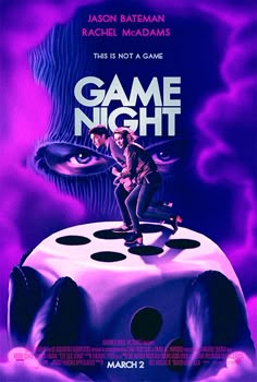 a movie poster for game night with a man standing on top of a piece of cake