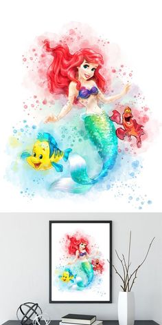 the little mermaid and her friends are depicted in this watercolor painting on canvases