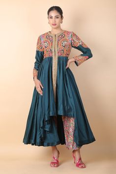 Blue asymmetric hem kalidar kurta with multi colored floral embroidery and mirror work highlights. Comes with floral printed pant. - Aza Fashions Kalidar Kurta, Mirror Work Embroidery, Floral Print Pants, Pant Set For Women, Mirror Work, Set Women, Pants Pattern, Pant Set, Set For Women