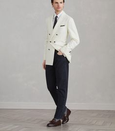 Make a statement at your next event. Order now and embrace elegance with our unique jacket--stocks are limited! Elevate your style with our Men's Off-White Double-Breasted Blazer Jacket, expertly designed for weddings and special occasions. This sophisticated piece combines elegance with versatility. Key Features: - Double-breasted design for a tailored look - Premium off-white fabric for a timeless appeal - Versatile enough for various events This blazer is crafted from high-quality materials a Luxury Double-breasted Wedding Outerwear, Spring Wedding Suits With Suit Collar, Elegant Fitted Spring Tuxedo, Elegant Semi-formal Spring Tuxedo, Elegant Spring Semi-formal Tuxedo, Fitted Double-breasted Tuxedo For Wedding, Double-breasted Tuxedo Style Blazer For Wedding, Elegant Double Breasted Formal Suit, Elegant Double Breasted Long Sleeve Formal Suit