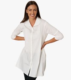 Tiburon Tunic Icon - Stella Carakasi White Stretch Tops With Pockets, Everyday Stretch Cotton Blouse, Stretch Cotton Blouse For Everyday, Fitted Shirttail Hem Tops For Daywear, Daywear Tops With Pockets And Shirttail Hem, Versatile Tops With Shirttail Hem For Daywear, Effortless Tops With Pockets For Daywear, Fitted Tops With Pockets For Daywear, Stretch Tops With Pockets For Everyday