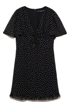 Fluttery short sleeves frame this playful minidress made from airy chiffon covered in lively polka dots. Hidden back-zip closure V-neck with tie Short sleeves Lined, except sleeves 100% polyester Machine wash, line dry Imported Polka Dot Mini Dress With Short Sleeves, Printed Short Dresses, Short Design, Tie Shorts, Designer Shorts, Black Fits, Short Dress, Flutter Sleeve, Printed Shorts