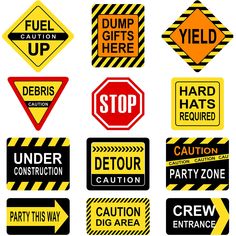 various warning signs and stickers on a white background