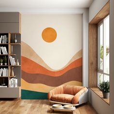 a living room with an orange chair and book shelf in the corner next to a window