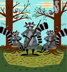 two raccoons playing musical instruments in the woods with trees and birds behind them