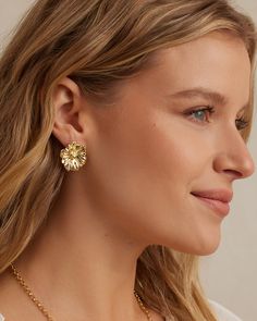 The Camila Studs add a touch of femininity and elegance to any look. With a comfort backing and their beautiful floral design, they add dimension and lots of fun to your ear stack. Wear them solo for a statement look or pair them with dainty diamond studs for extra shine. Camila Studs Earring in 18k Gold, Women's by gorjana Gold Earrings Statement, Chic Gold Flower Earrings For Summer, Gold Feminine Flower Earrings, Spring Flower Earrings For Everyday Wear, Earrings Stacking, Icon Jewelry, Skirt And Top Dress, Ear Stack, Jewelry Accessories Ideas