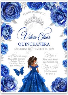 Quickly personalize. Includes matching thank you card. 

Host a successful blue quince starting with this blue dress & roses blue invite! 

You can edit this product yourself, during and/or after purchase. Print or send as an Evite.

Image watermarks will be removed after purchase.

The dimensions are 5"x7". Quinceañera Royal Blue, Brown Hair Tan Skin, Blue Quinceanera Theme, Royal Blue Roses, Latina Dress, Royal Blue Quince, Royal Blue Quinceanera, Invitations Quinceanera, Sweet 15 Party Ideas Quinceanera