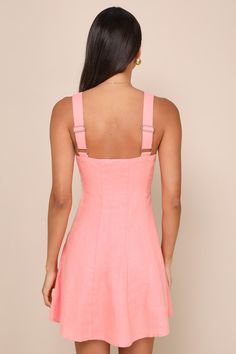 We're dreaming of wearing the Lulus Undoubtedly Sweet Coral Pink Linen Sleeveless Mini Dress during endless sunny days! Lightweight, linen-blend fabric shapes this perfect summer dress with wide adjustable straps and a flattering straight neckline. The fit-and-flare silhouette boasts seaming details through the A-line skirt that finishes with a cute mini hem. Hidden back zipper/clasp. Fit: This garment fits true to size. Length: Mid-thigh. Size medium measures 26" from adjustable straps to hem. Summer A-line Suspender Dress For Brunch, Summer A-line Mini Dress With Tie Straps, Beach A-line Dress With Adjustable Straps, Summer A-line Suspender Dress With Adjustable Straps, Summer A-line Suspender Dress For Beach, Summer Suspender Dress With Sweetheart Neckline And Straps, Summer A-line Sundress With Adjustable Straps, Summer Sleeveless Sundress With Sweetheart Neckline, Summer Sleeveless Dress With Sweetheart Neckline